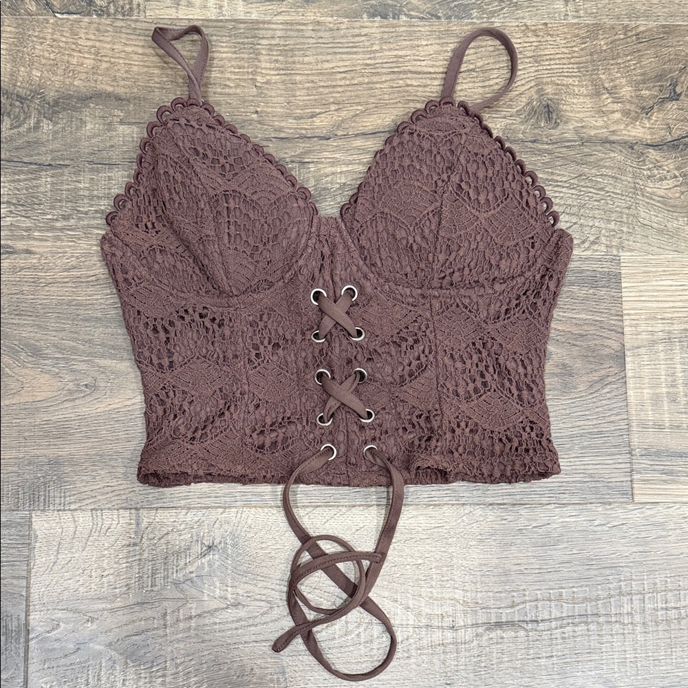 Lace-Up Crochet Brown Top